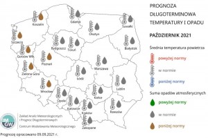  Prognoza średniej miesięcznej temperatury powietrza i miesięcznej sumy opadów atmosferycznych na październik 2021 r. dla wybranych miast w Polsce.